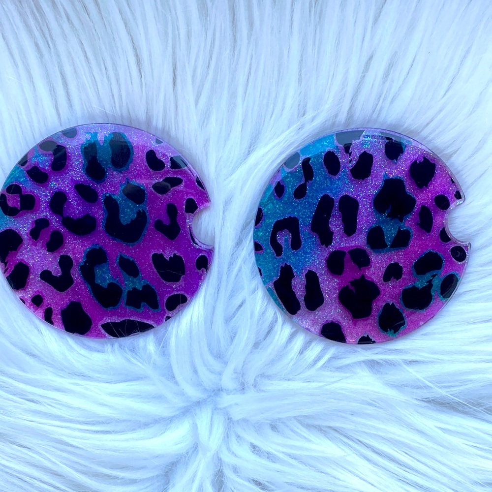 Car cup holder coasters set leopard purple cheetah blue sparkle Lisa frank theme